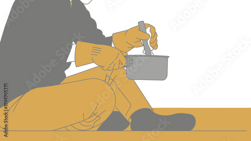 Person Preparing Food With Gloves Sitting Cross Legged In A Minimalist Style Illustration