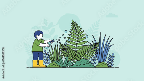 Person Watering Garden Plants With Spray Bottle In Vector Illustration Style