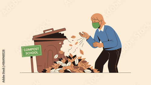 Person Wearing Mask Composting Leaves for Environmental Awareness at School
