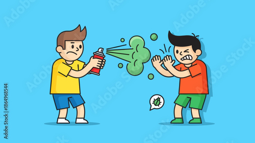 Pest Control Concept Two Cartoon Children Playfully Spraying Pests With Insecticide