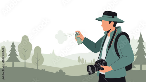 Photographer Adjusting Camera With Spray On Nature Scene And Scenic Landscape