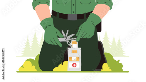 Park Ranger Providing First Aid With Multi Tool In Nature Landscape