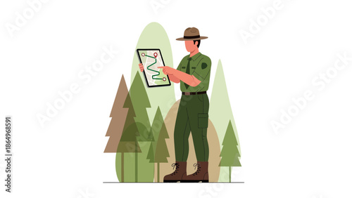 Park Ranger Using Digital Map in Forest Vector Illustration