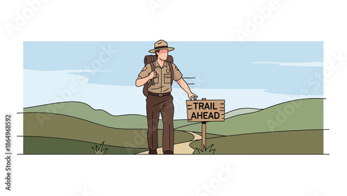 Park Ranger Standing By Trail Ahead Sign In Nature Landscape Scenery