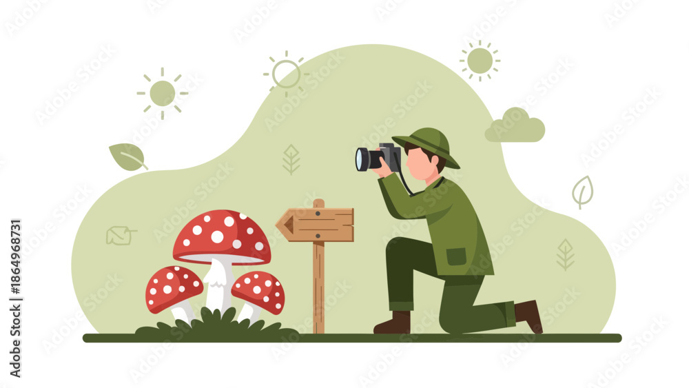 Fototapeta premium Photographer Capturing Pictures Of Wild Mushrooms In A Calm Outdoor Environment