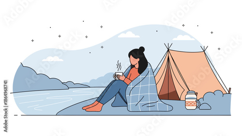 Peaceful Camping Retreat Young Woman Enjoying Hot Drink At Lakeside Campground