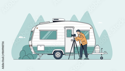 Photographer Capturing Pictures of Landscape With Caravan Adventure During Journey