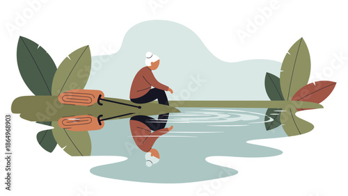 Peaceful Moment By The Lake Old Woman Sitting On A Log Relaxation