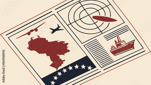 Abstract news headline vector with generic military symbols (airplane, ship, radar) on a map of Venezuela, editorial infographic style.