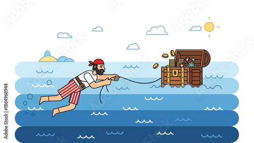 Pirate Diving In The Ocean To Retrieve A Chest Full Of Buried Treasure