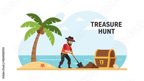 Pirate Digging Treasure On Tropical Beach With Hidden Treasure Chest