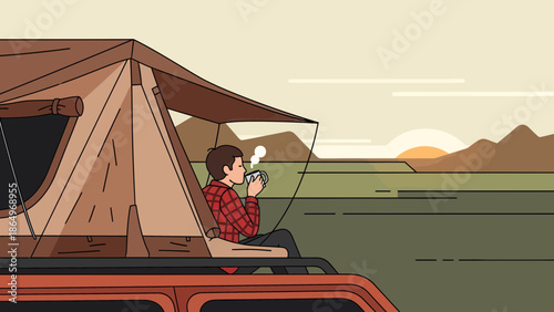 Peaceful Morning: Man Enjoys Coffee while Camping On the Car Roof At Sunrise