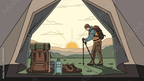 Peaceful Morning Hiker Preparing For An Adventure In A Beautiful Mountain Scenery