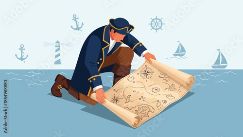 Pirate Reading Ancient Treasure Map Seeking Hidden Gold And Lost Adventure