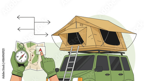 Planning Adventure With Roof Tent Camping Journey And Compass Route Selection