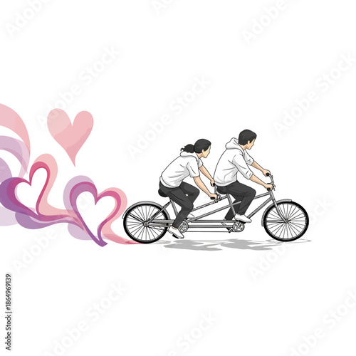 Couple Riding Tandem Bicycle Leaving a Trail of Colorful Hearts - Romantic Activity Vector