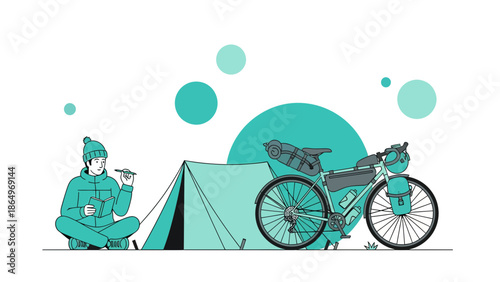 Planning Adventures A Man And His Bike At The Campsite In Tranquil Outdoors