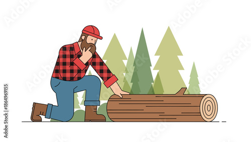 Pensive Lumberjack Inspecting Wood In The Forest Planning Next Cuts