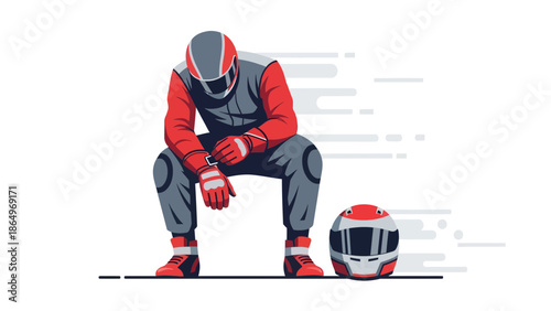 Pensive Racer In Complete Gear Reflecting By His Helmet After The Race