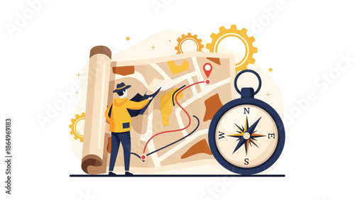 Planning An Adventure Route Man With Map Compass Gears Navigation Symbols