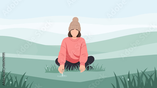 Pensive Woman Sitting Meditatively Touching Water On A Verdant Hill