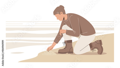 Pensive Young Man Kneeling at Seaside Gathering Pebbles Underneath Soft Sunlight