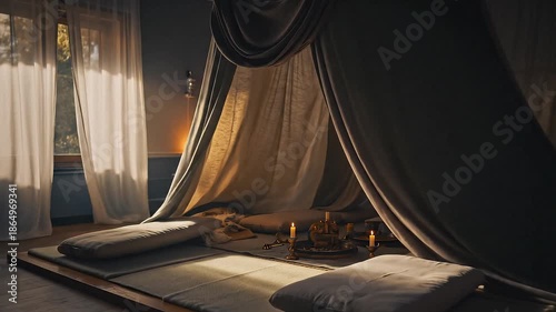 Cozy bedroom interior with draped bed.