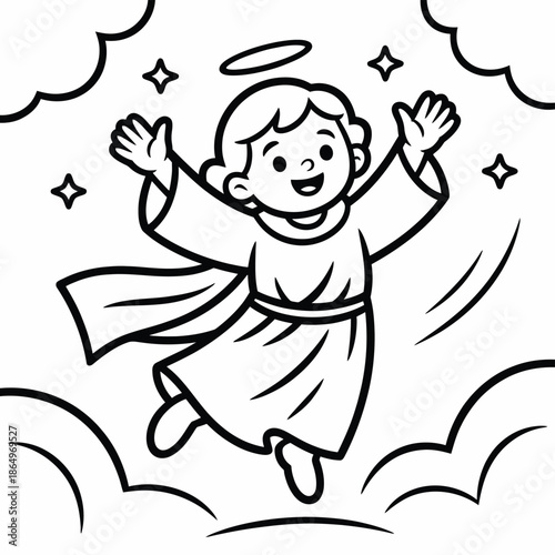 Jubilant angel floating among clouds isolated on white background, Vector, illustration