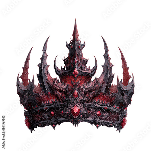 Dark fantasy crown adorned with red gems, featuring sharp spiky design on transparent background. Decorative king or queen headpiece for game asset or Halloween costume.