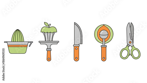 Kitchen Utensil Icon Set for Fruit Processing, Citrus Juicer, Apple Corer, Paring Knife, Melon Baller Scoop, and Kitchen Scissors in Flat Vector Style