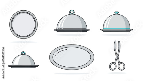 Set ikon tudung saji cloche dan nampan perak untuk layanan katering dan restoran mewah vektor