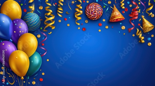 Colorful Party Balloons and Decorations on Blue Background