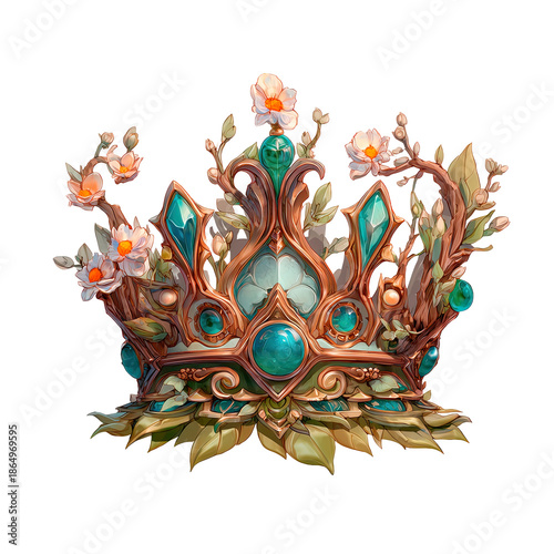 Ornate fantasy crown with blooming flower and green gem decoration for game asset or jewelry design on transparent background.
