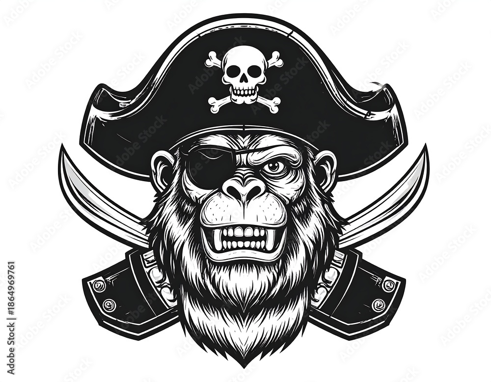 Naklejka premium A pirate ape with a hat, eyepatch, crossed swords, and skull
