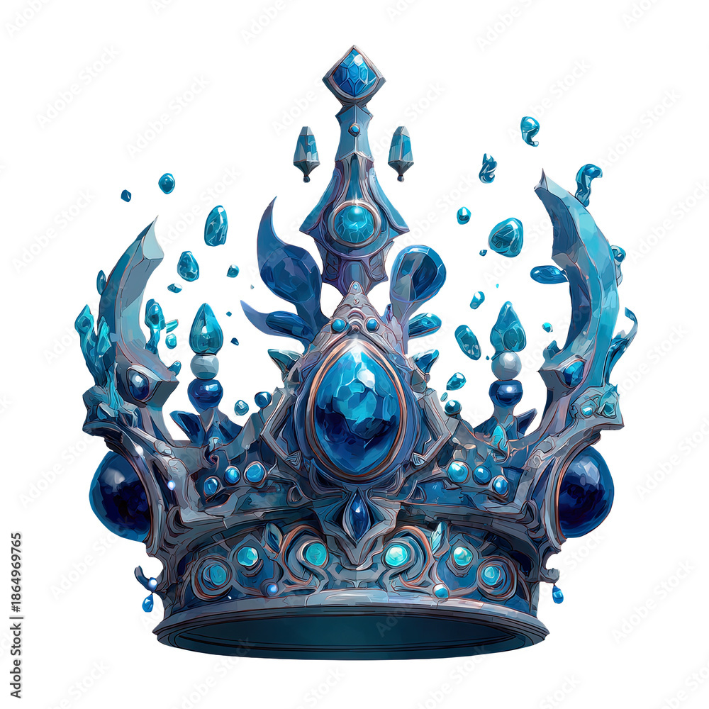 Obraz premium Intricate ornate crown adorned with blue jewels and floating sapphire elements on transparent background. Decorative design for fantasy art or royal emblem.