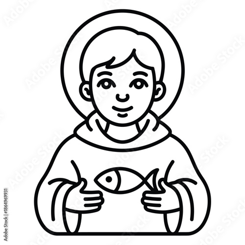 Young boy holding fish isolated on white background, Vector, illustration