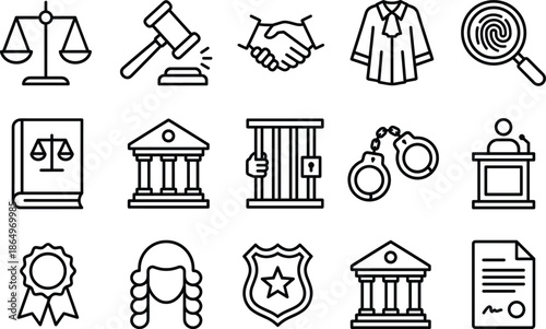 Legal icons set, justice, law enforcement, courtroom, contract, investigation, police, security, certification, agreement, fingerprint, gavel, courthouse, document, badge, wig, professionalism