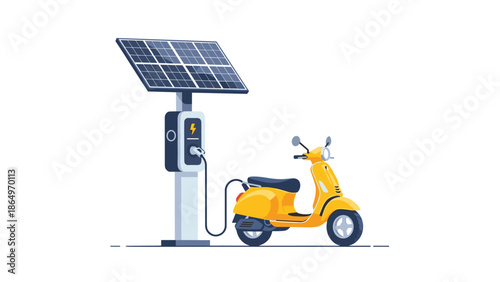 Bright yellow electric scooter charging at a modern station powered by a large solar panel, embodying sustainable and renewable energy solutions.