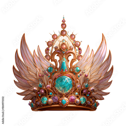 Fantasy crown with intricate design and jewel adornments, featuring wing elements. Luxurious accessory for royal, queen or king concept on transparent background.