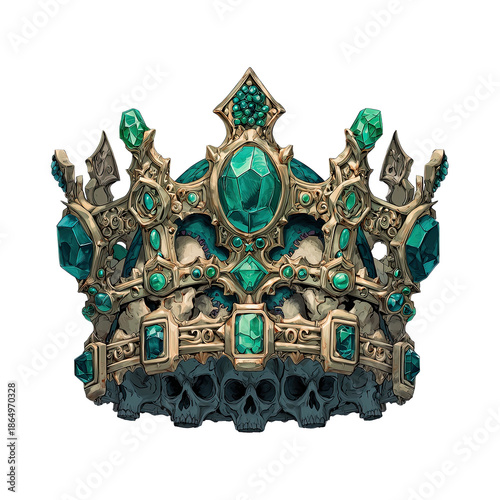 Ornate fantasy crown adorned with emerald gems and skulls, a symbol of dark royalty and power on transparent background.