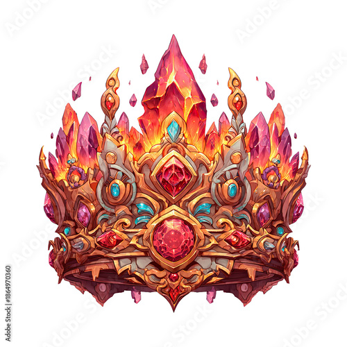 Ornate golden crown adorned with sparkling red and pink gemstone crystals, a symbol of magic and royalty on transparent background for fantasy concept.