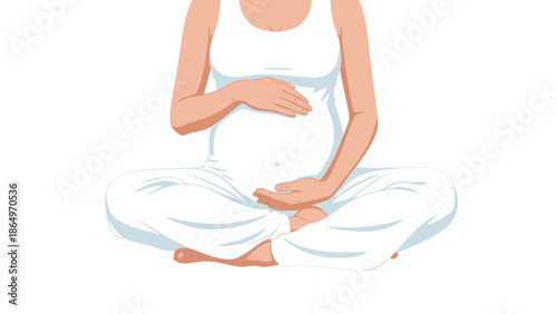 Serene pregnant woman sitting comfortably cross-legged, gently cradling her baby bump, symbolizing motherhood, anticipation, and wellness.