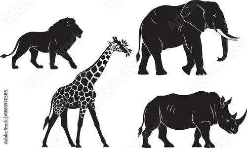 Silhouettes of african savanna animals including elephant lion giraffe and rhino