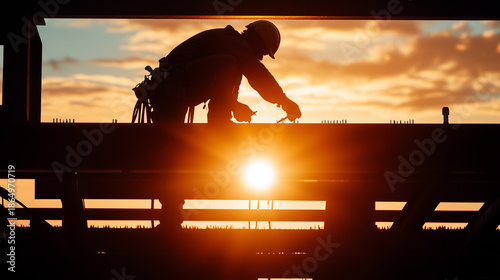 Construction worker at sunset preparing materials on site in urban area