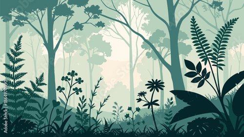 Serene forest landscape with lush greenery and trees