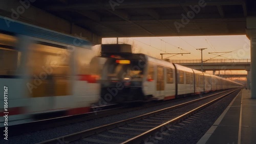 Train speeding through station at sunset.