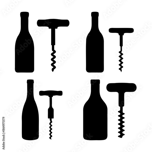Classic silhouettes of wine bottles and corkscrews on a clean white background