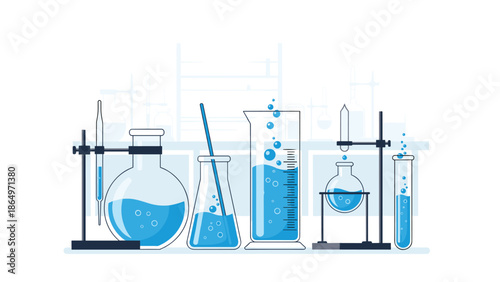 Diverse collection of essential laboratory glassware, including beakers, flasks, and test tubes, all filled with vibrant blue liquid and bubbles.