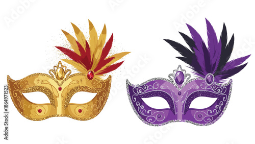 Two exquisitely ornate carnival masks, one shimmering gold and one rich purple, both adorned with elegant feathers and sparkling jewels, perfect for masquerade.