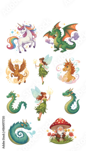 Fantasy creatures collection featuring unicorns, dragons, and fairies  
